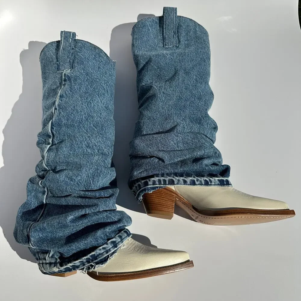 R13 Mid Cowboy Boots with Denim Sleeve Shaft Indigo Blue Ivory Size 38 NIB $1395 - Picture 5 of 16